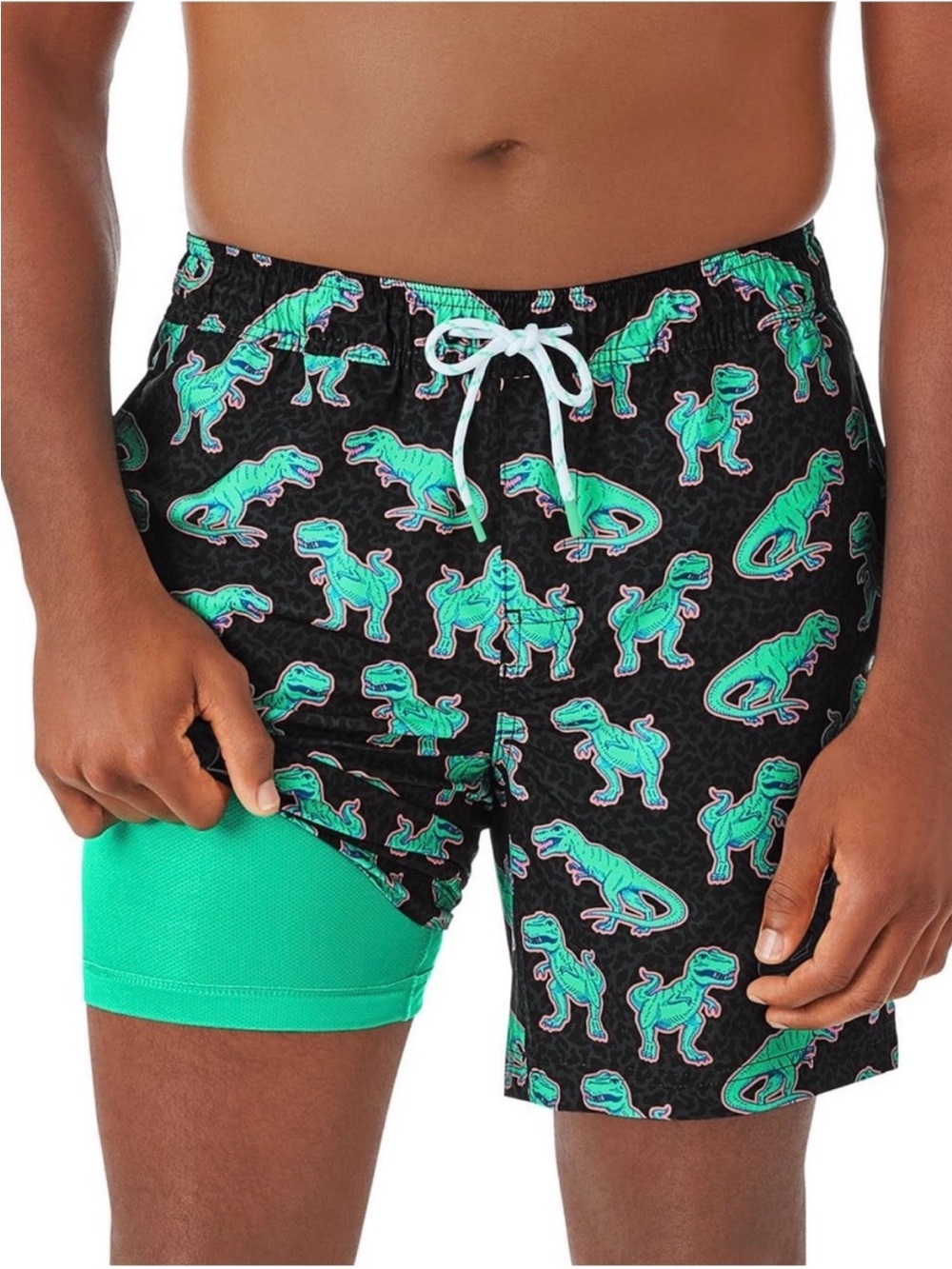 Mens Resort Swim‎ Trunks with Teal Dinosaur Print, Size S, NWT